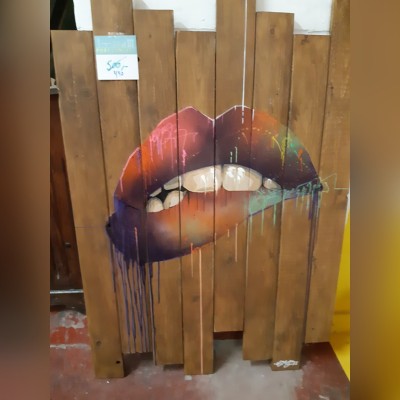 Peinture bouche sur bois de palette